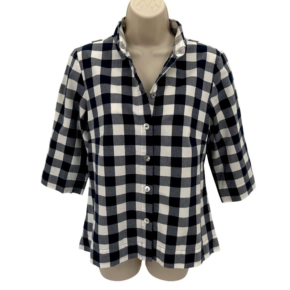Haldora Rhinebeck New York Womens Navy White Checkered Abalone Button Up Shirt S